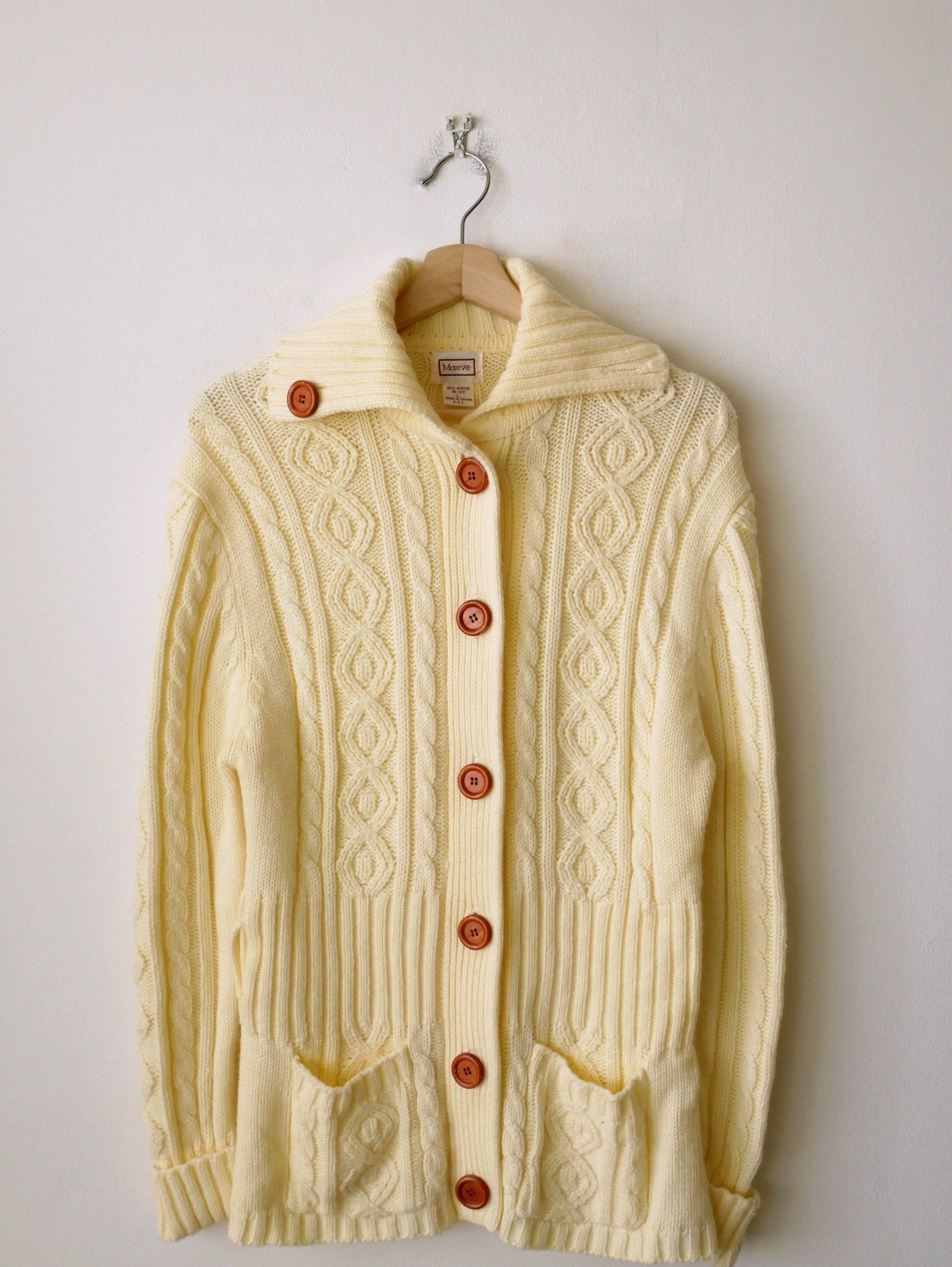 Vintage Ivory Ecru Cable Knitted Acrylic Sweater Cardigan Aran Fisherman Sweater