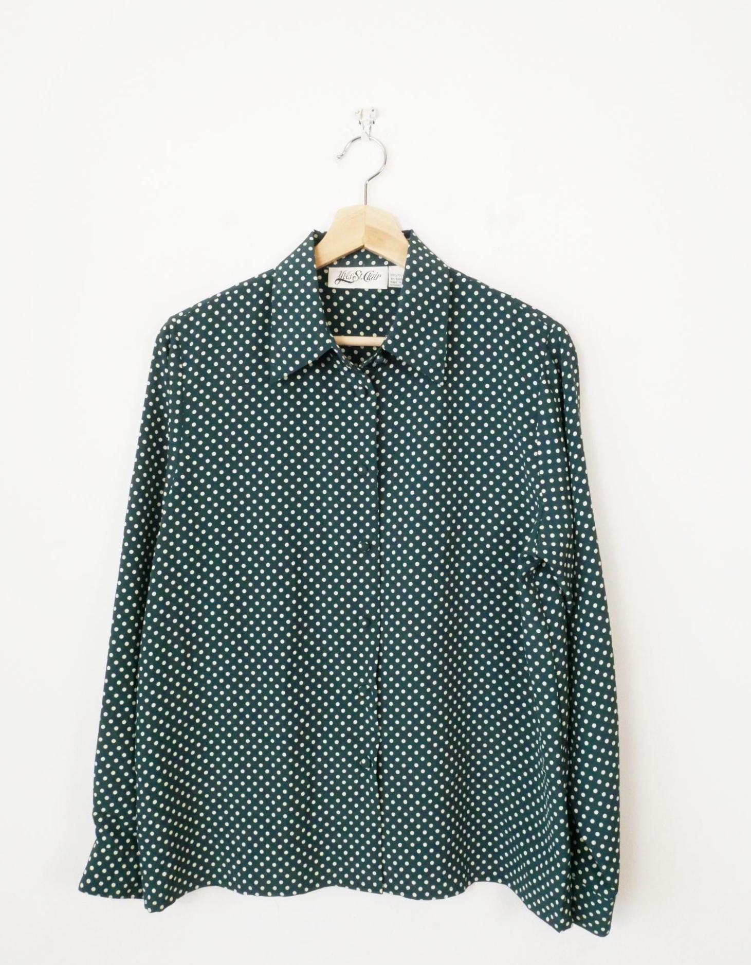 green polka dot dress shirt Vintage Yves St. Clair Women's 80s Blouse Irish Design
