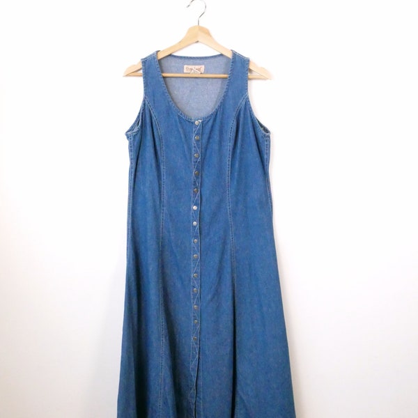 Vintage Denim Sleeveless Snap Button Front Market Dress from 90s