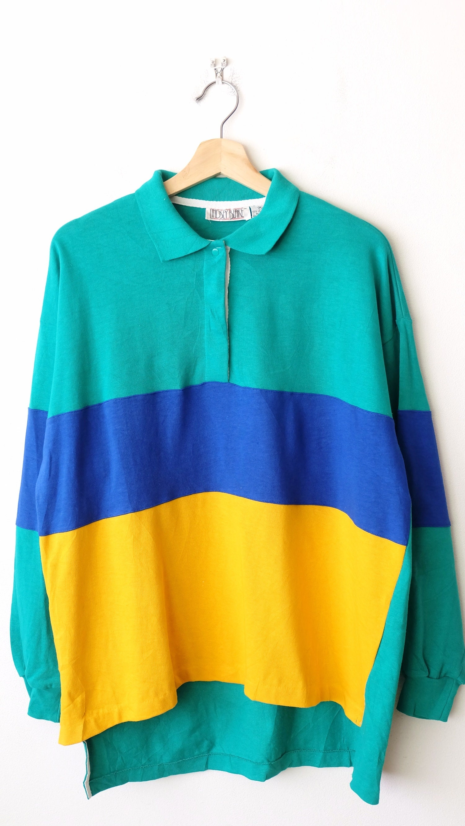Vintage Green/blue/yellow Color Blocked Long Sleeve Polo Vintage Green/blue/yellow Color Blocked Long Sleeve Polo
