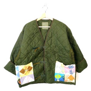 Upcycled British Army Quilted Liner Jacket with Patchwork Pockets