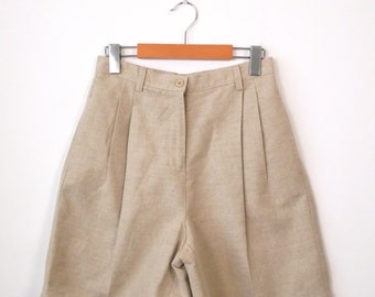 Pantalones cortos plisados de mezcla de lino de talle alto beige para mujer/W25