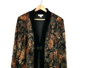 Vintage 90s Coldwater Creek Women’s Floral Velvet Trim Jacket-Made in USA