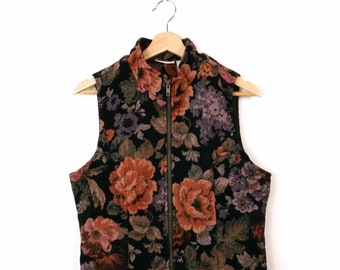 Veste zippée à motif tapisserie florale vintage/Gilet à fleurs