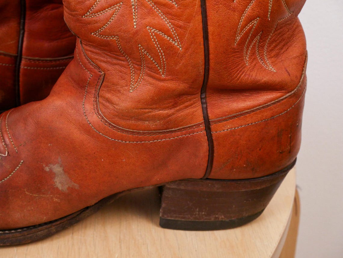 Vintage 70s Justin Men's Brown Leather Western Cowboy Boots Made in USA, foto 3 di 5