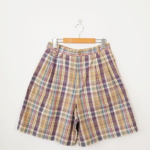 Vintage 90s Women&#39;s Check High Waist Pleated Cotton Shorts/W29