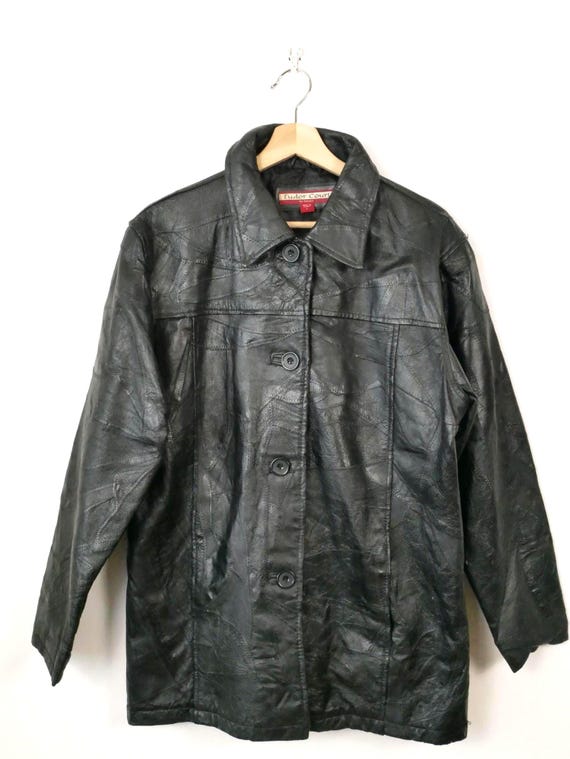 Women's Black Leather Patchwork Button down Jacke… - image 3