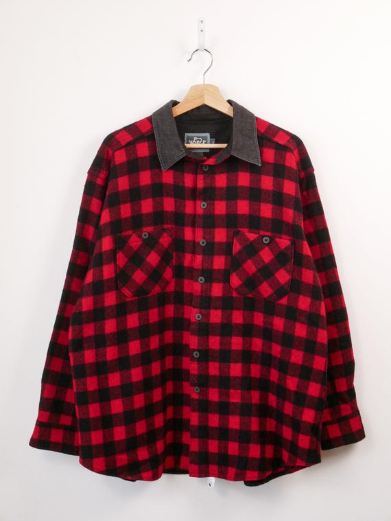 Woolrich, Vintage 90s Woolrich Men’s Red Black Buffalo Plaid Wool Shirt Jacket - Made in USA