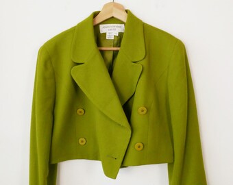 Vintage 90s Women's Lime Green Double Breasted Wool Cropped