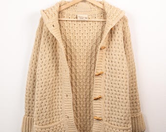 Vintage Gaeltarra Aran Irish Wool Hooded Toggle Cardigan Sweater