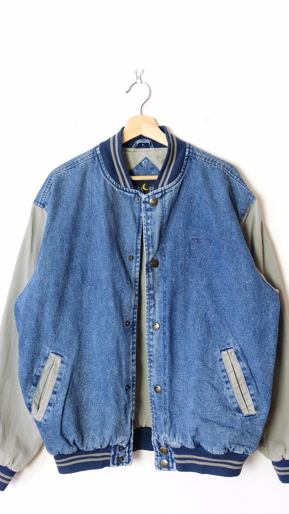 Vintage Denim Varsity Denim Jacket/khaki Sleeves - Etsy Vintage Denim Varsity Denim Jacket/khaki Sleeves - Etsy