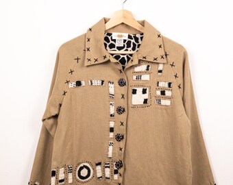 Vintage Linen Blend Embroidered Art Jacket Beige Button Front Jacket