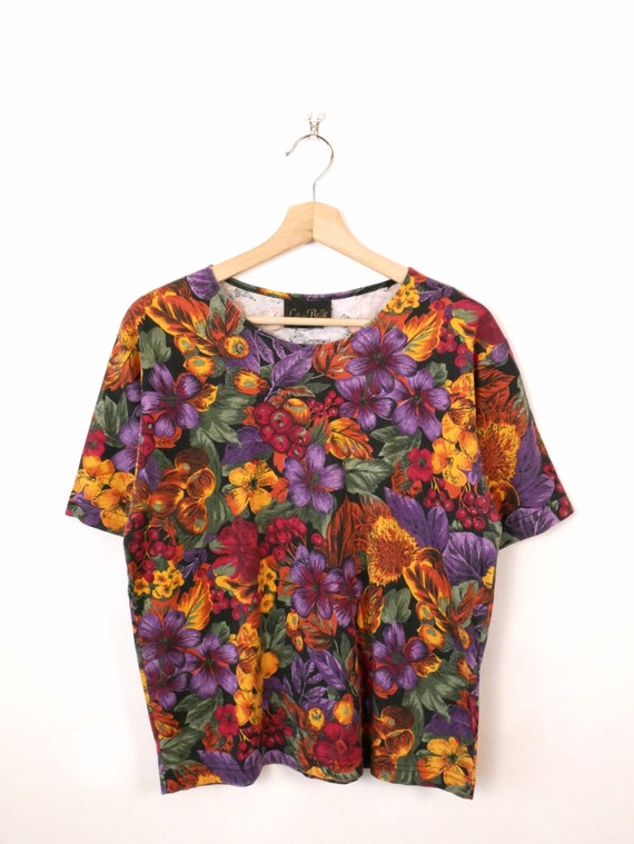 Tシャツ・カットソー Golden  Floral Print Vintage Look Short Sleeve T-Shirt Vintage Floral Print Short Sleeve T-shirt/women's Top - Etsy