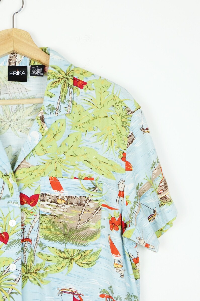 ON SALE Women/'s Light Blue Hawaiian shirt Blouse from 90/'s