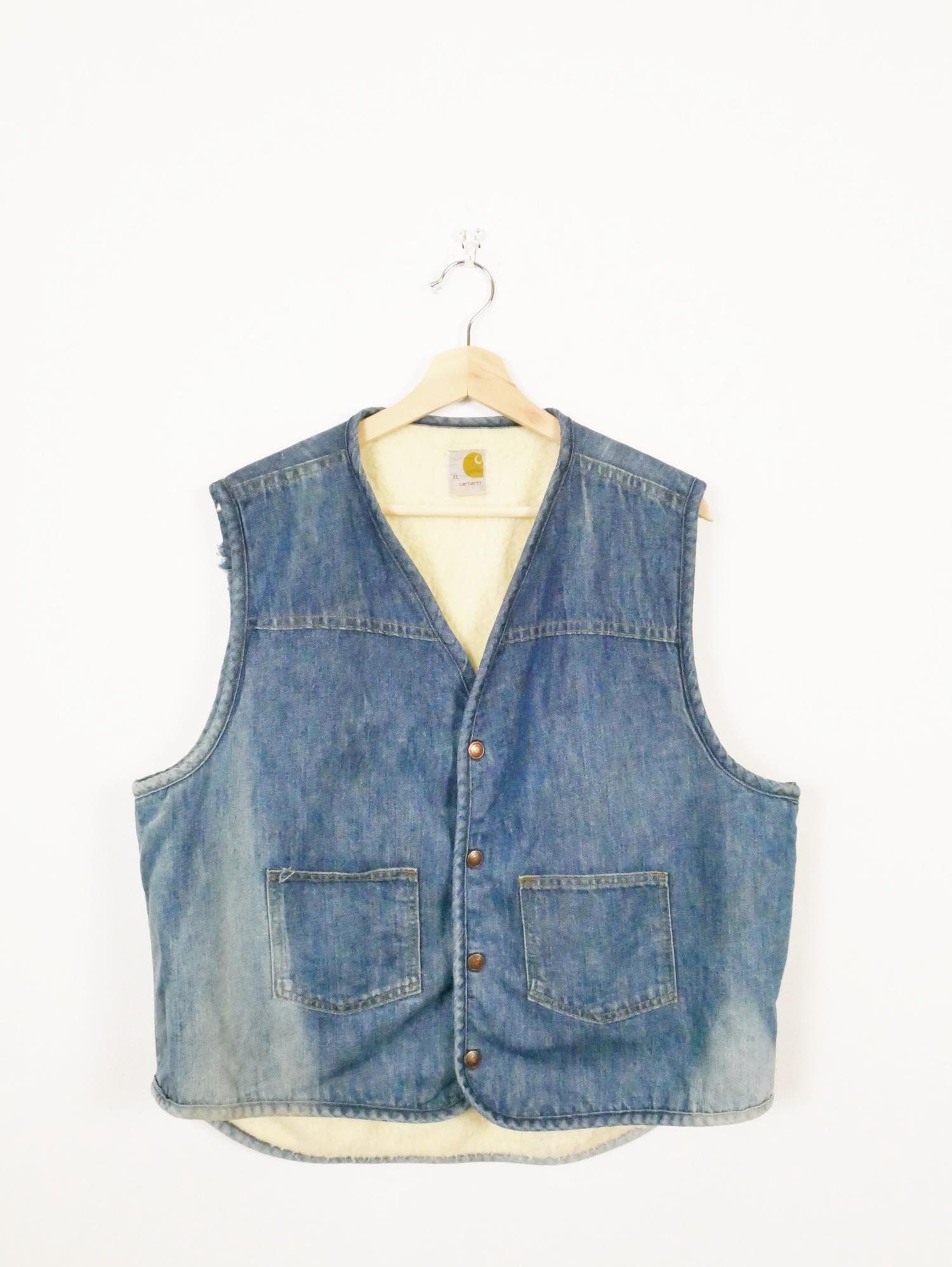 Distressed Vintage Carhartt Denim Shearling / Sherpa Lined Jeans Weste / Trucker Weste