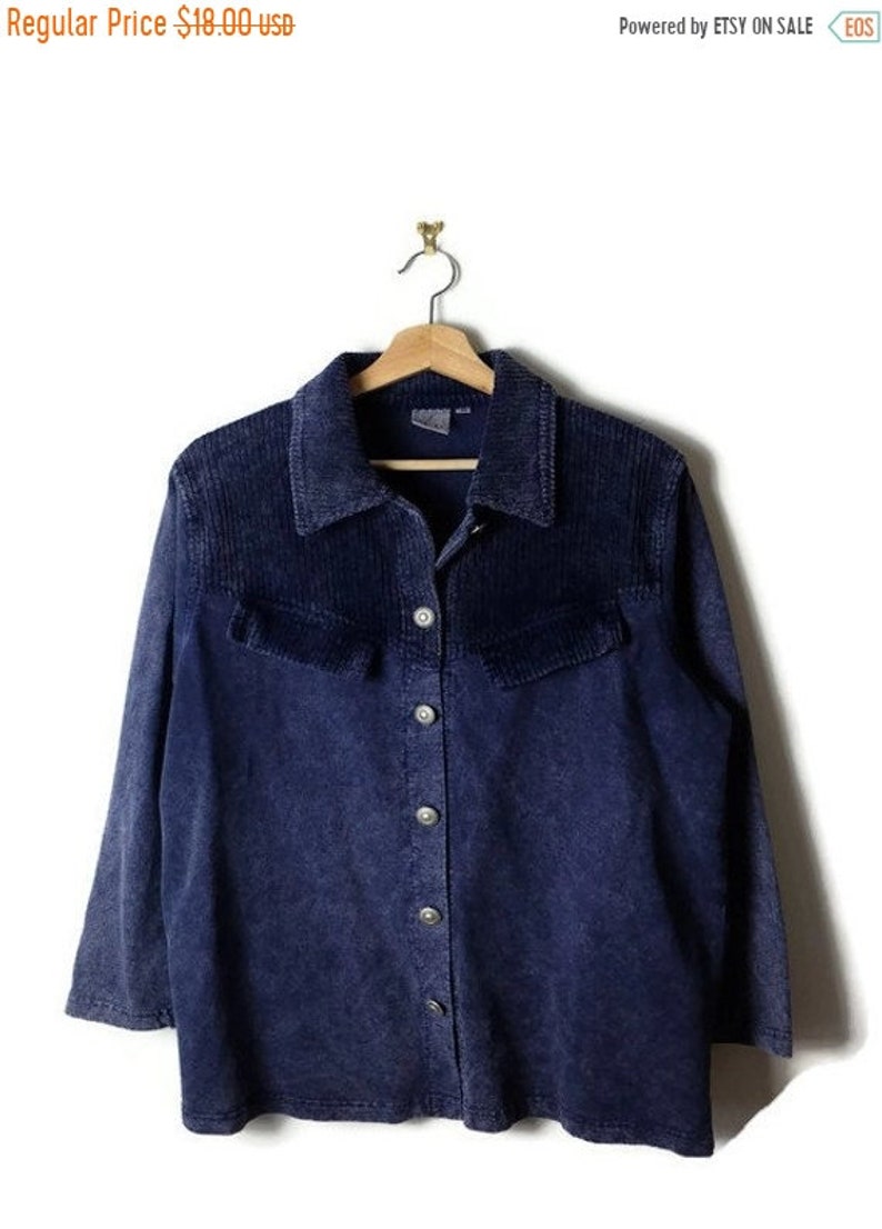 ON SALE Vintage Faded Dark BlueNavy x Corduroy Trim Button down Blouse from 90/'s