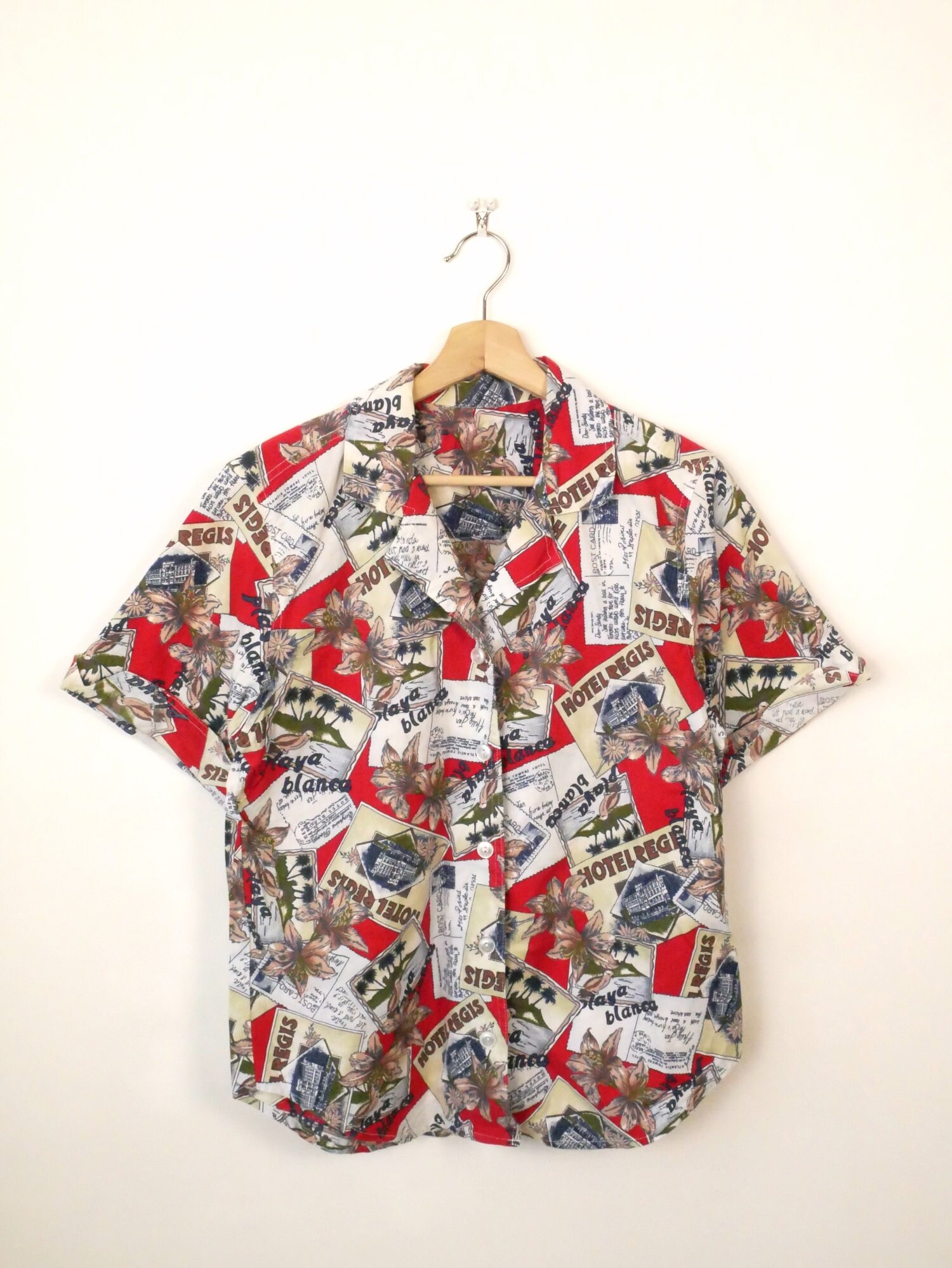 Vintage Playa Blanca/Hotel Regis Postcard Allover Print Short Sleeve Shirt/ Blouse