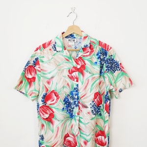 Camicetta a maniche corte con stampa floreale da donna, stile vintage anni &#39;80