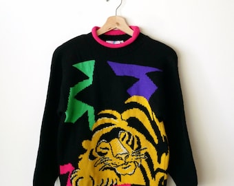 Vintage Black/Tiger Acrylic Crewneck Sweater/Jumper/Girls Sweater