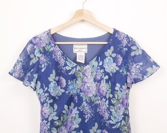 Vintage 90s Blue Floral Women's Short Sleeve Sheer Blouse Cottagecore Top