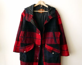 Vintage Woolrich Red/Dark Blue Plaid Wool Hooded Coat/Drawstring Coat/Women's M