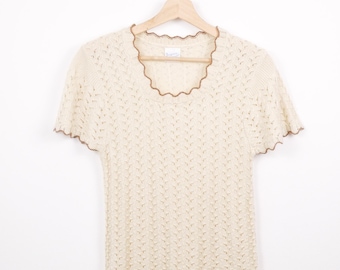 Vintage 70s Women's ivory crochet short sleeve knit top made in USA