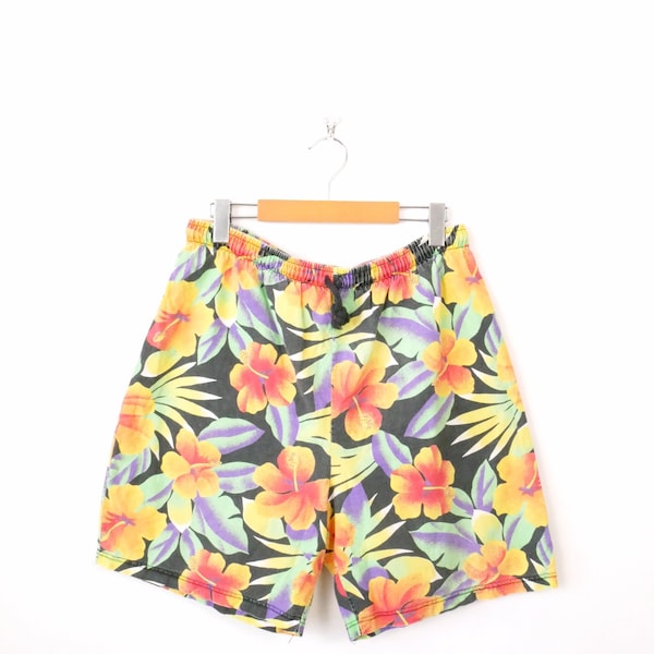 Vintage Black/Hibiscus High waisted Cotton Shorts from 90s/W29-36