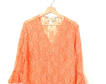 Vintage Carrie Allen Women’s 90s Coral Lace Top Made in USA