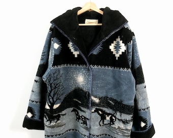 Vintage 1990s St Johns Bay Women’s Blue Black Southwestern Hooded Fleece Coat