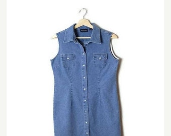 ON SALE Vintage Denim Sleeveless Button down Mini Dress from 90's*