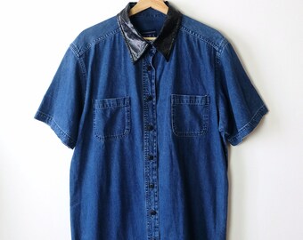 Vintage Blue Denim x Black Faux Python Collared Short Sleeve Dress/Shirt Dress