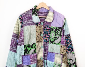 Vintage 90s Reversible Patchwork Quilted Jacket Purple Floral Lightweight Coat
