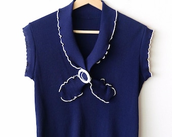 Haut en tricot côtelé bleu marine pour femme sans manches noué sur le devant