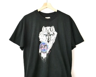 Vintage 1990s Wolf Print T Shirt Black Wildlife Graphic Tee Made in USA