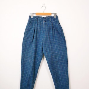 Vintage Blue Checked High waist tapered Cotton Pants/Pleated Pants/W24