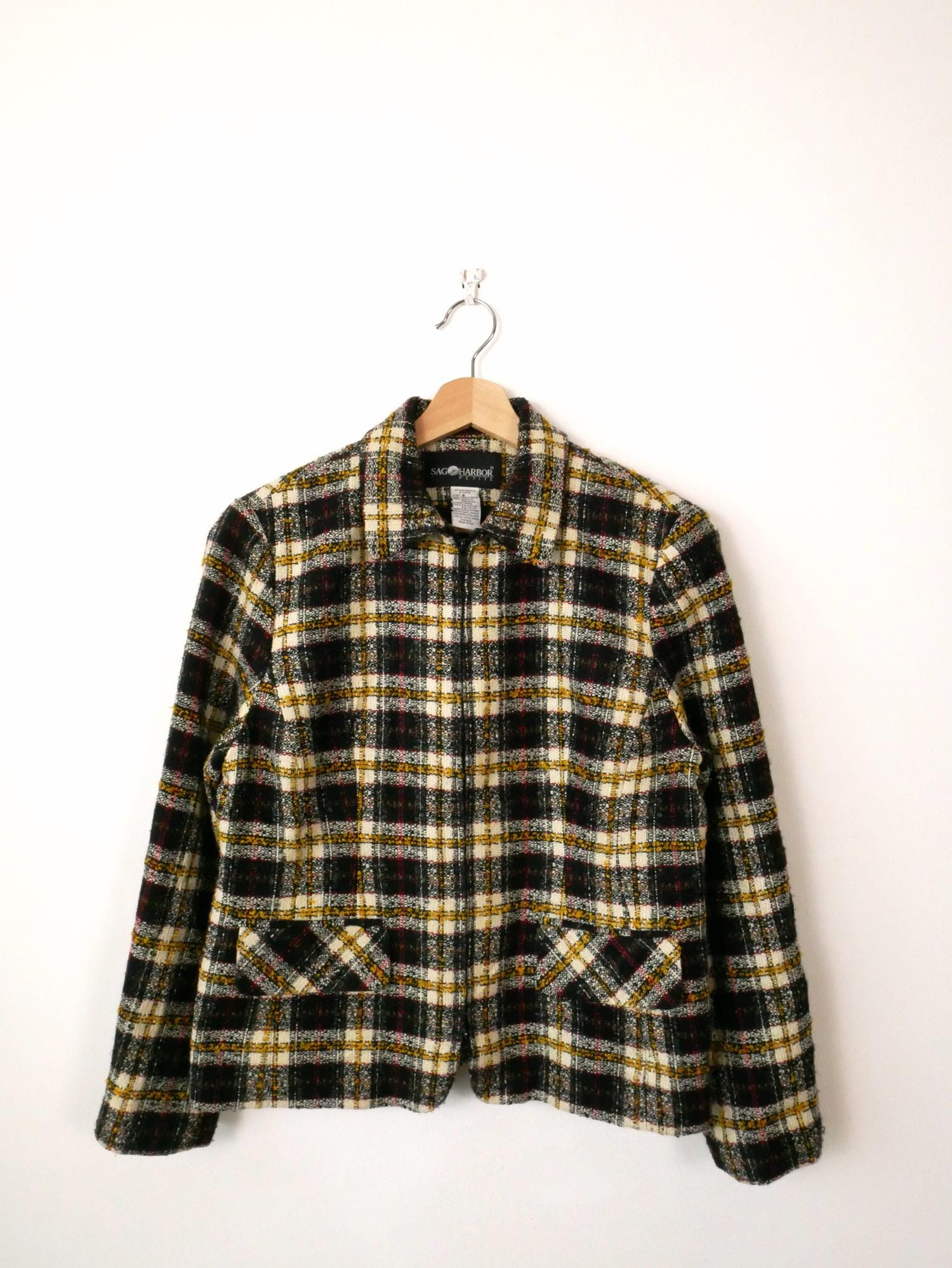 Vintage Women's Black/ecru/yellow Plaid Zip up Jacket/lightweight