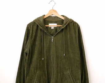 Women's Olive Green Corduroy Zip up Hooded Jacket/Hoodie