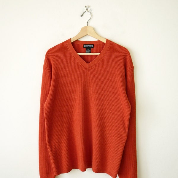 Jantzen Orange V-neck Wool Ribbed Sweater/Jumper/Boyfriend Sweater