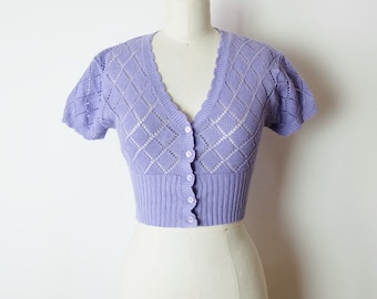 Unworn-Vintage Lavender/Pale Purple Crochet Cropped Cardigan from 90's