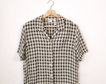 Vintage Koret Ecru/Black Check Flax blends Short Sleeve Blouse/Women's Shirt