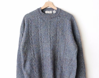 pull/pull vintage en maille torsadée bleu gris à encolure ras du cou en laine mélangée