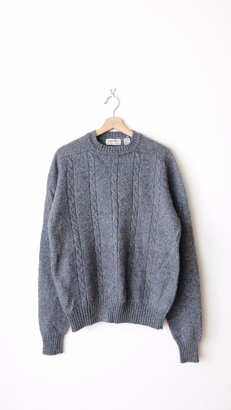pull/pull vintage en maille torsadée bleu gris à encolure ras du cou en laine mélangée image 1