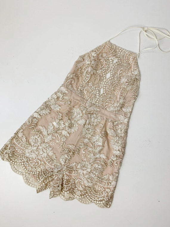 Vintage Nude Pink/Ivory Floral Embroidered Halter… - image 1