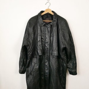 Manteau zippé avec cordon de serrage noir en cuir souple noir pour femmes vintage des années 90