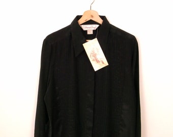 Unworn-Vintage Black Long Sleeve Silky Blouse