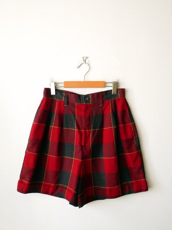 Vintage Red/Gray Check High waisted Pleated Shorts