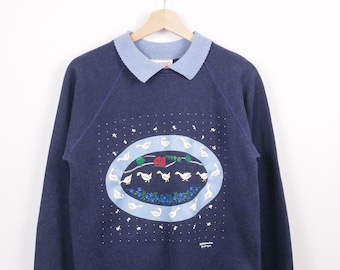 Felpa vintage anni '90 da donna Morning Sun, blu navy, con grafica dell'oca.