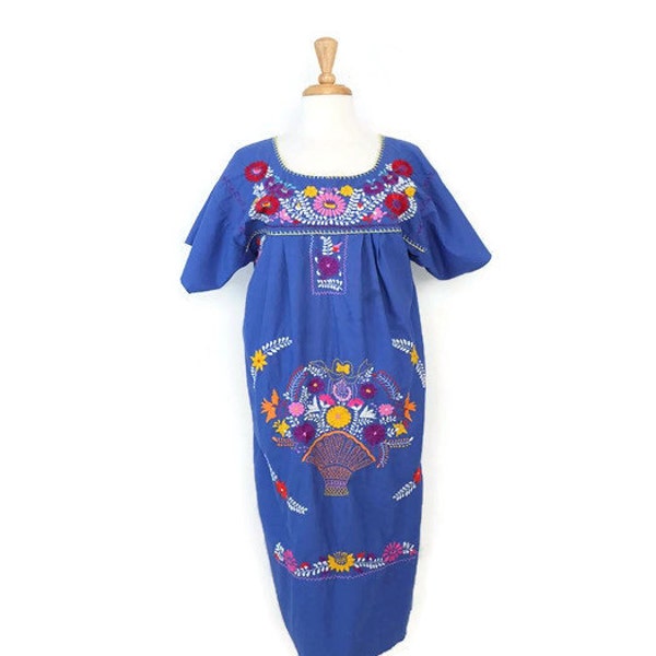 Vintage  Bohemian Colorful Floral  Embroidered Mexican Dress from 1980's/Blue*