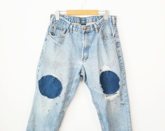 Distressed RF Brand Men's Patched Work Jeans/W32
