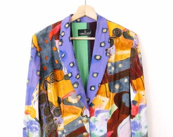 Chaqueta corta vintage de mujer con estampado abstracto y colorido de los años 90.